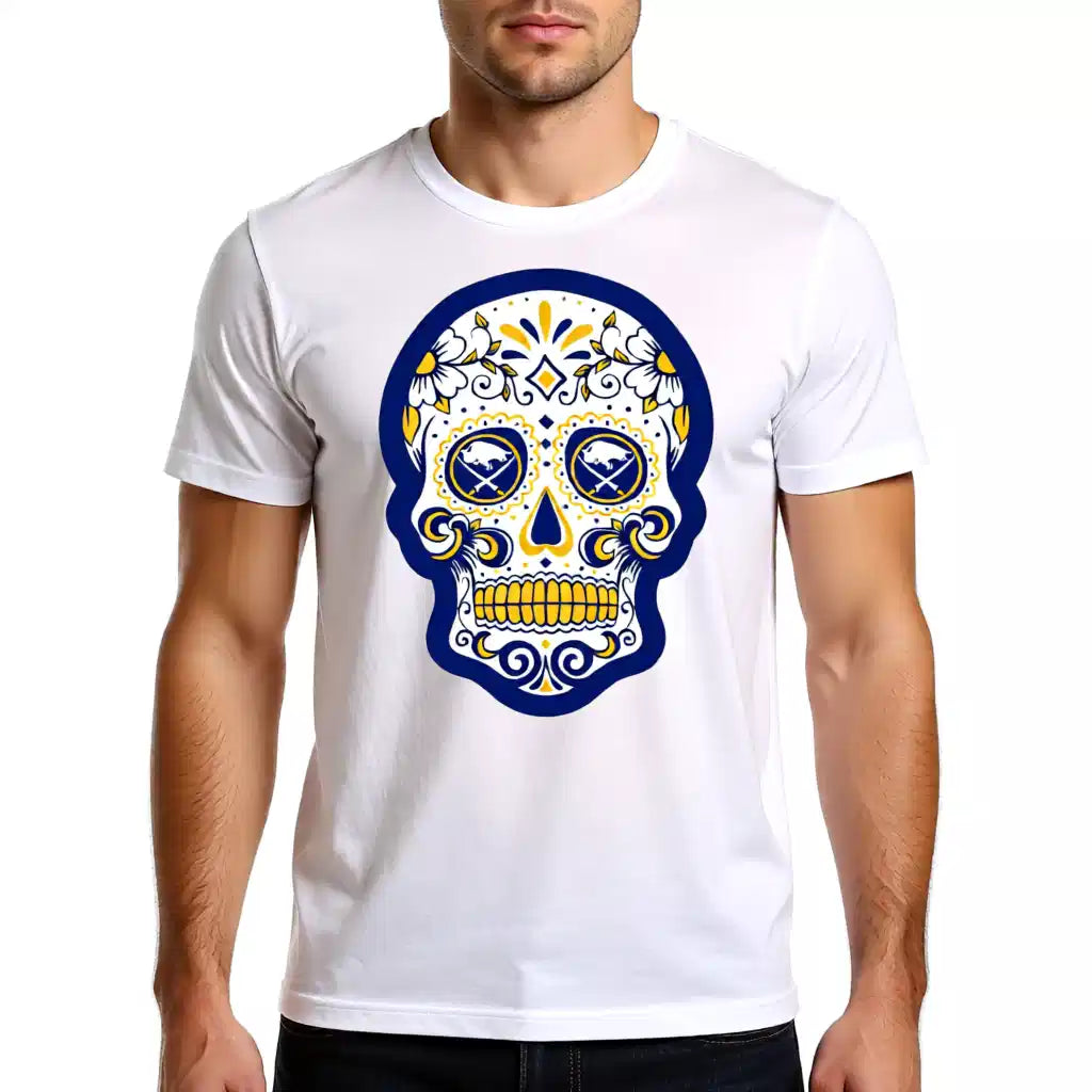 Buffalo Sabres Inspired Sugar Skull Shirt – Blue & Gold Hockey Graphic Tee for Fans