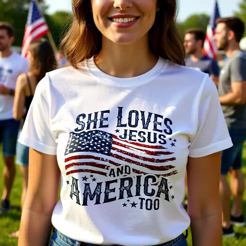 She Loves Jesus and America Too Patriotic Christian T-Shirt