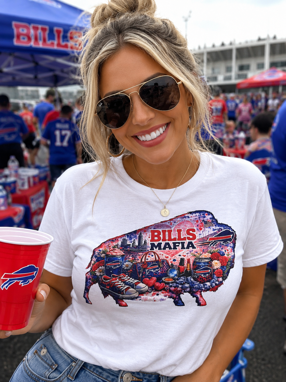 Buffalo Bills Mafia Women’s Graphic Tee – Pink & Blue Buffalo Tailgate Shirt