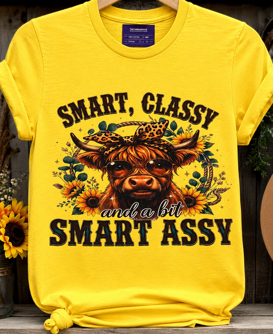 Smart, Classy & a Bit Smart Assy Highland Cow Graphic Tee | Funny Western Sunflower T-Shirt